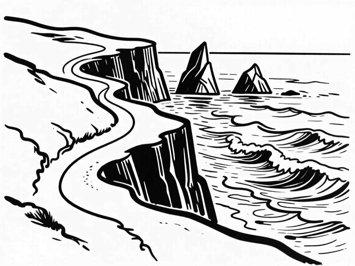 A coastal cliff trail overlooking crashing waves and distant sea stacks.