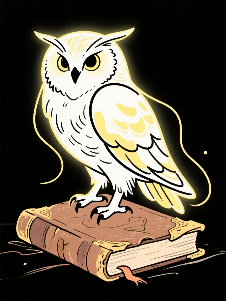 A wizard's familiar, a glowing owl, perched on an old tome.