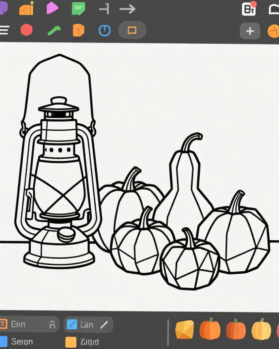 A still life of a lantern beside autumn gourds