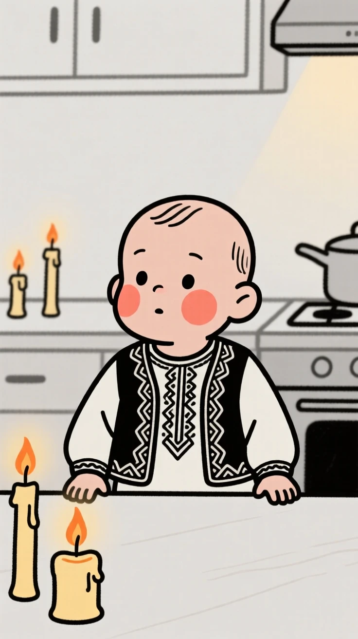 A curious baby of Moroccan heritage wearing a Turkish embroidered vest, full of curious wonder, in a cozy candlelit kitchen.