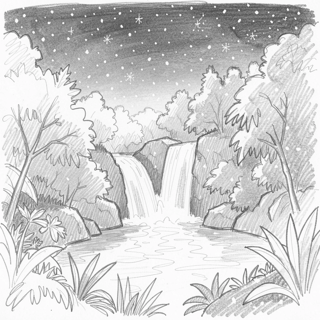 Sweeping landscape of a hidden jungle waterfall pool beneath a sky full of stars, with snow gently falling.