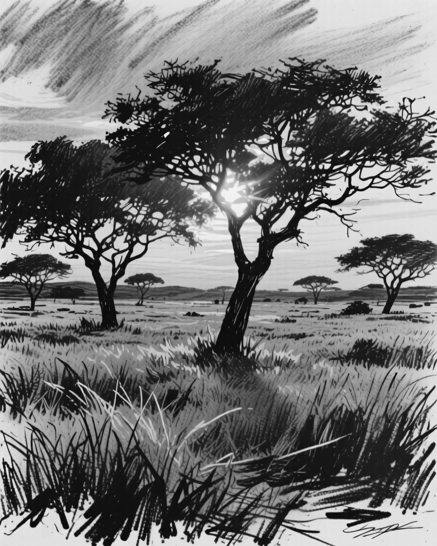 A sprawling savanna at sunset with golden light streaming through the trees.