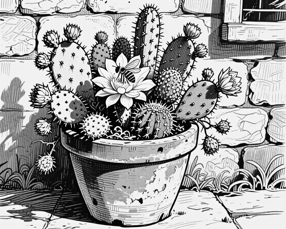 A cactus garden in a terracotta pot growing wild along a garden wall, with a bee resting on one bloom, composed in a warmly inviting still-life arrangement.