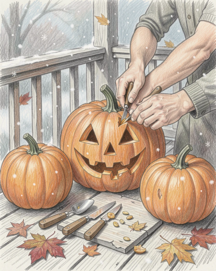 A Halloween pumpkin carving session on a rustic porch, with gentle snowfall or falling leaves drifting through the scene, capturing the magic of cherished seasonal traditions.