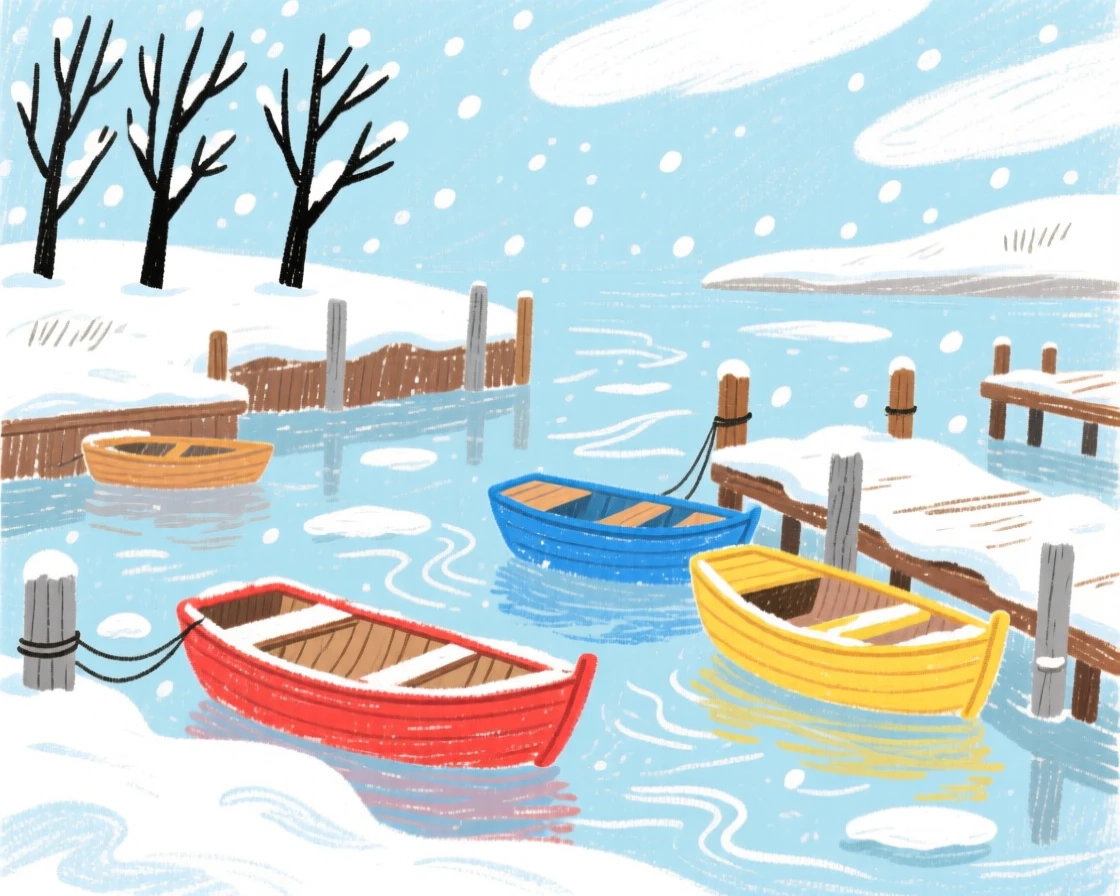 A view of a quiet harbor blanketed in a light dusting of fresh snow.