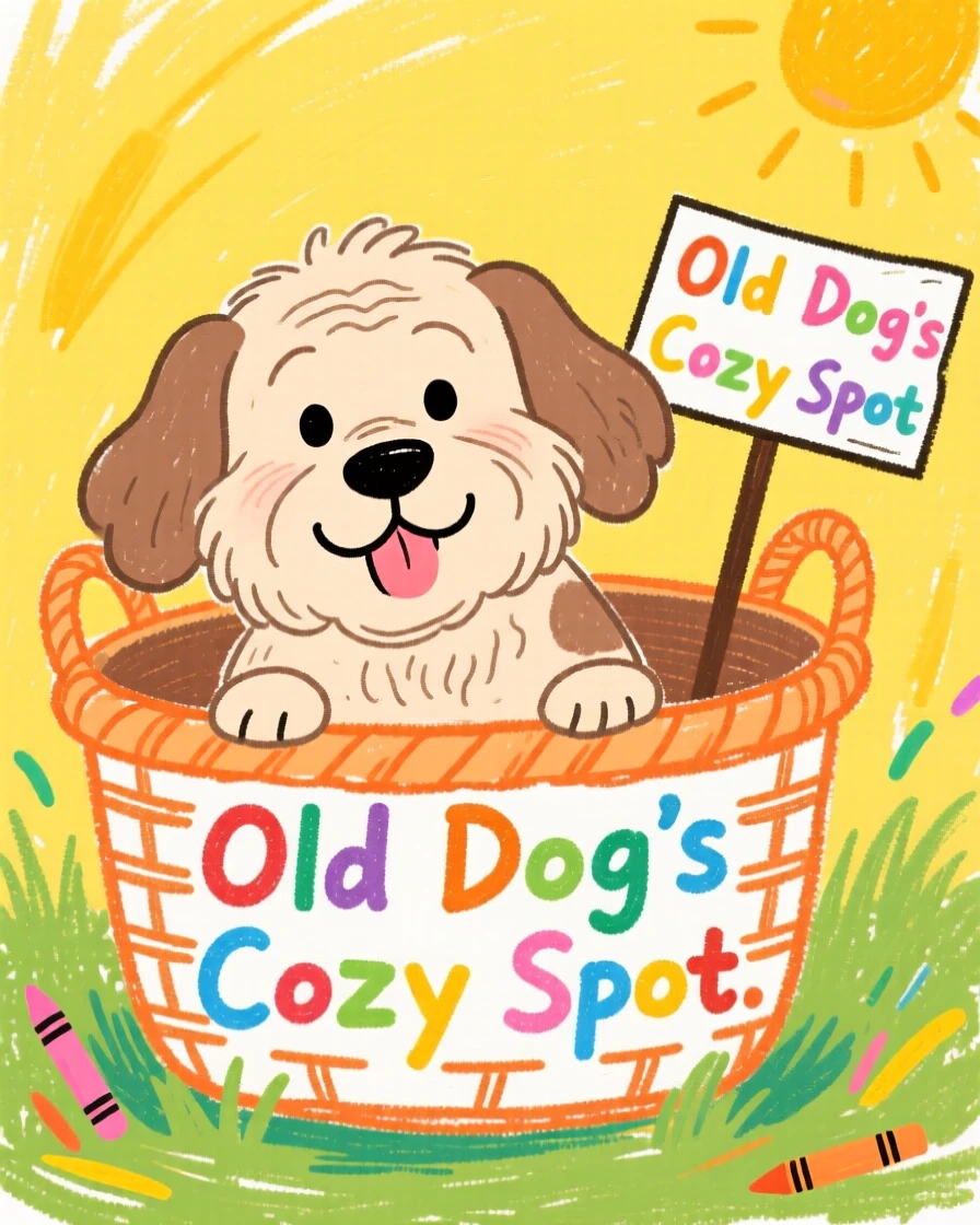 A gentle old dog peeking out of a wicker basket.