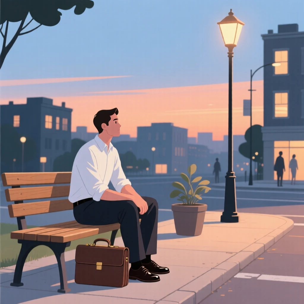 An office worker people-watching from a bench on a quiet summer evening in the city.