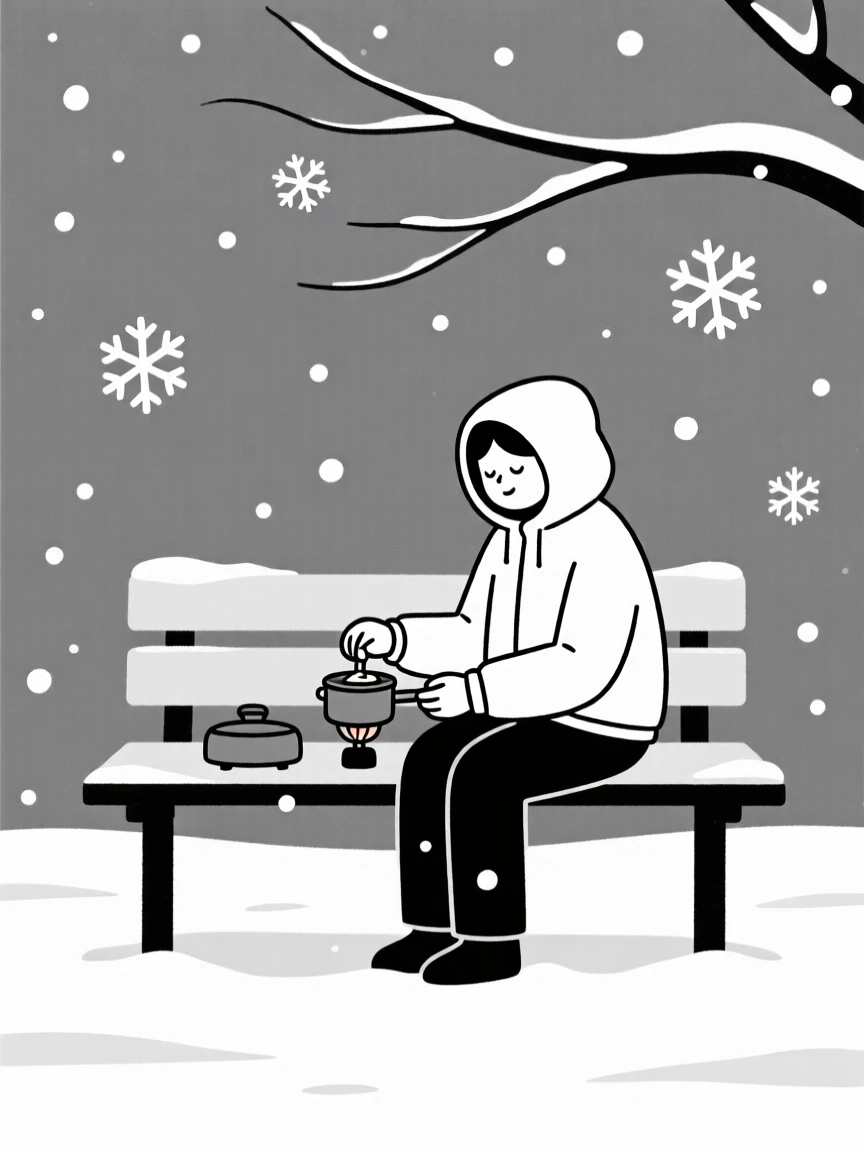 A traveler preparing a meal in a quiet park bench, surrounded by soft falling snow, conveying shared belonging.