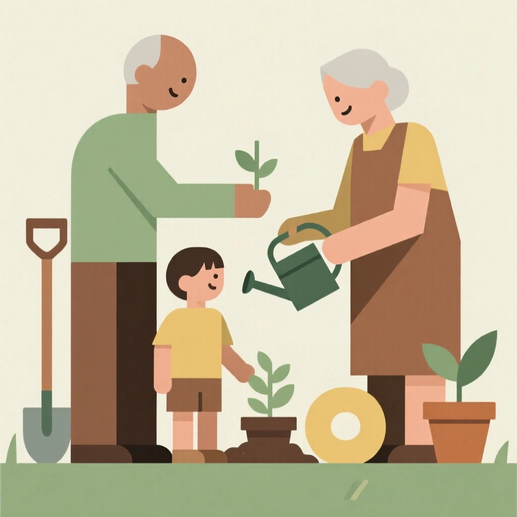 Grandparents and grandchildren gardening together