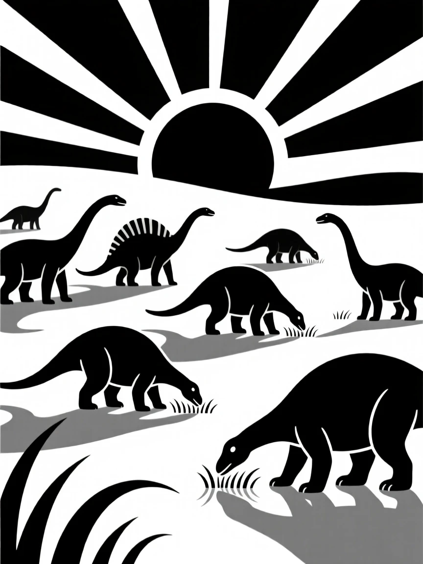 An Iguanodon herd grazing at sunrise.