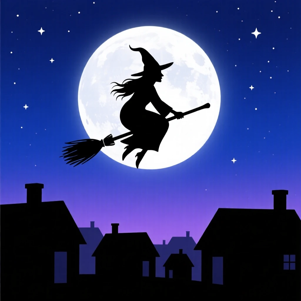 A witch flying on a broomstick above a small village at night, a full moon behind her.