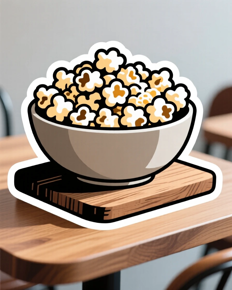 A freshly made bowl of fresh popcorn overflowing, resting on a rustic wooden board, on a cozy café table.