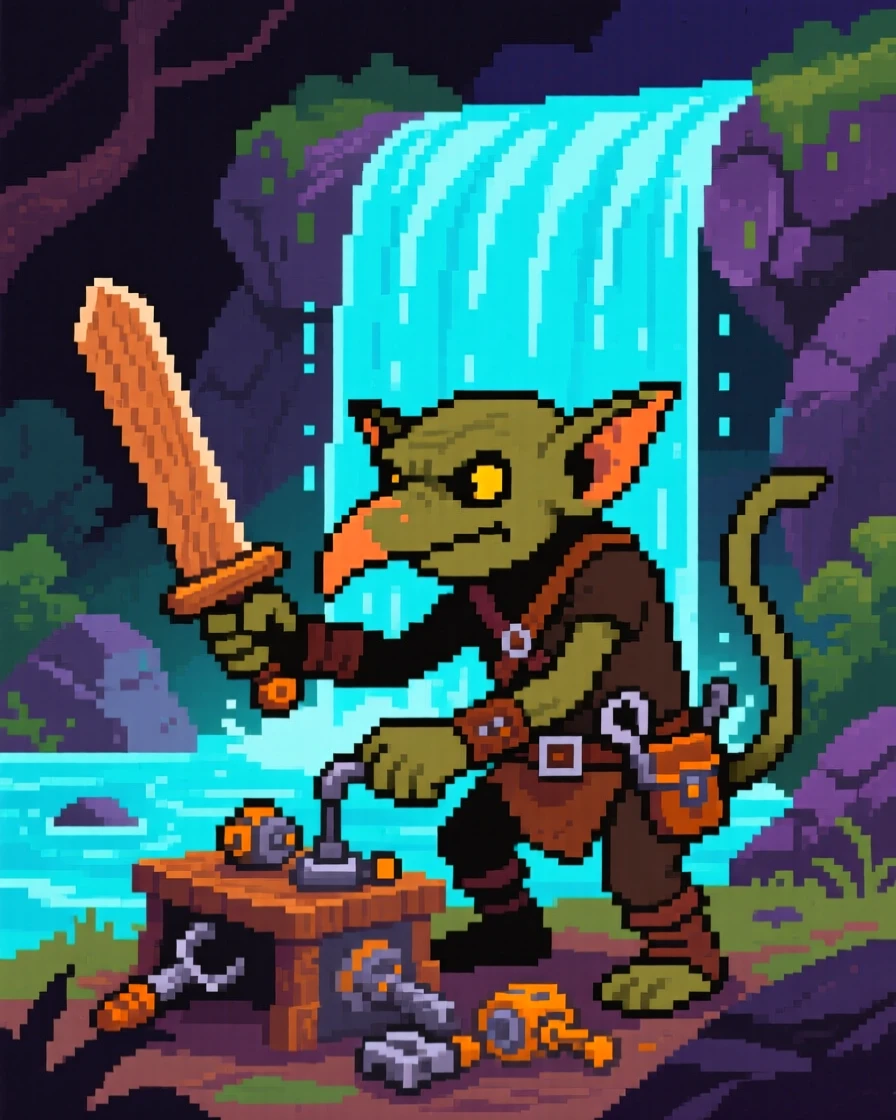 A kobold tinkering with gadgets training with a wooden practice sword, beside a waterfall that glows at night.