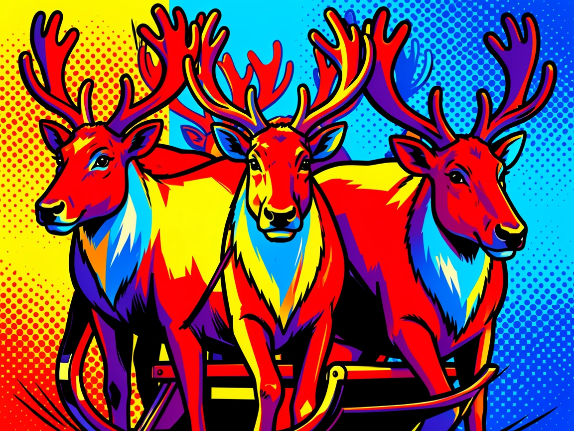 A herd of reindeer pulling a sled in an intimate close-up portrait