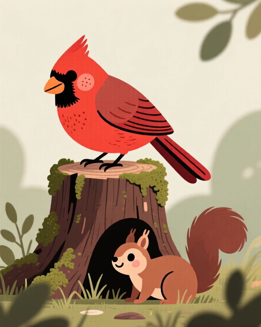 A cardinal perches on a mossy stump, preening its feathers while a squirrel moves quietly through the underbrush below.