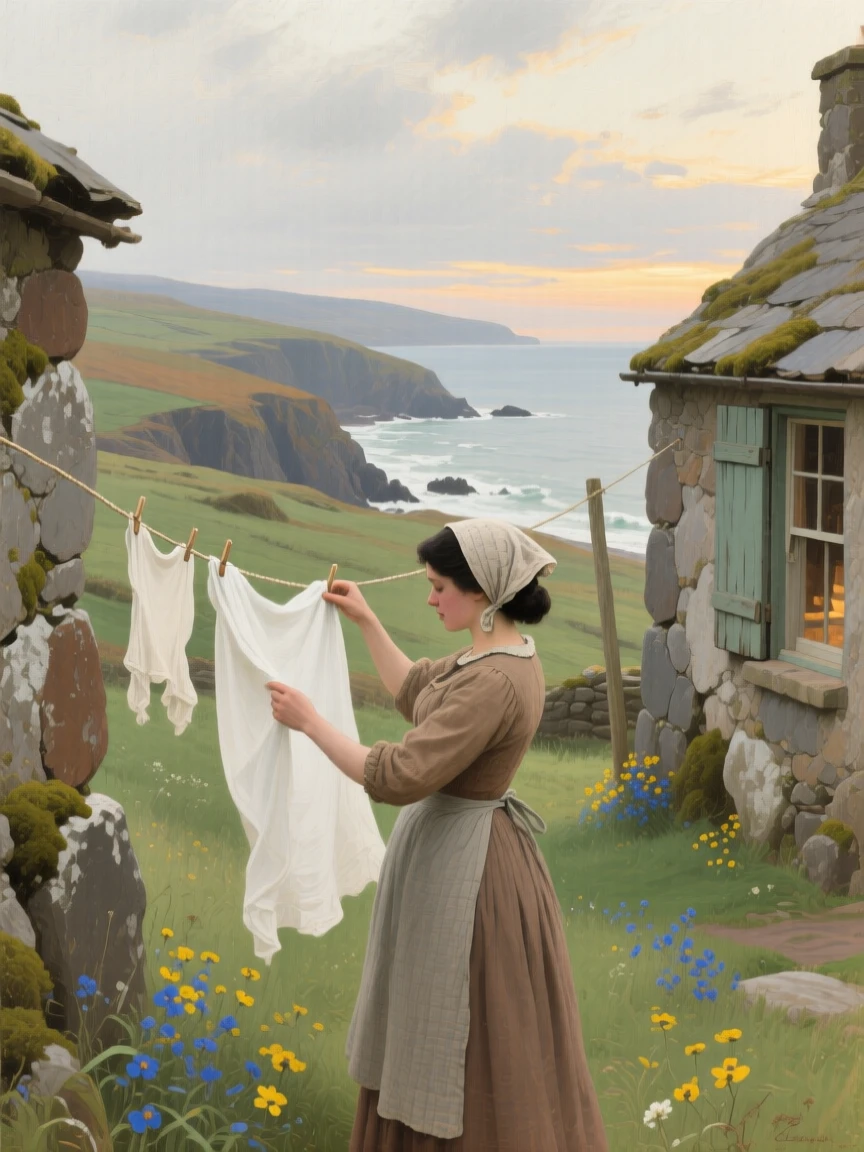 A sweeping wide shot of a woman hanging freshly washed linens on a line between two houses, along the Irish coast, during the colonial era.