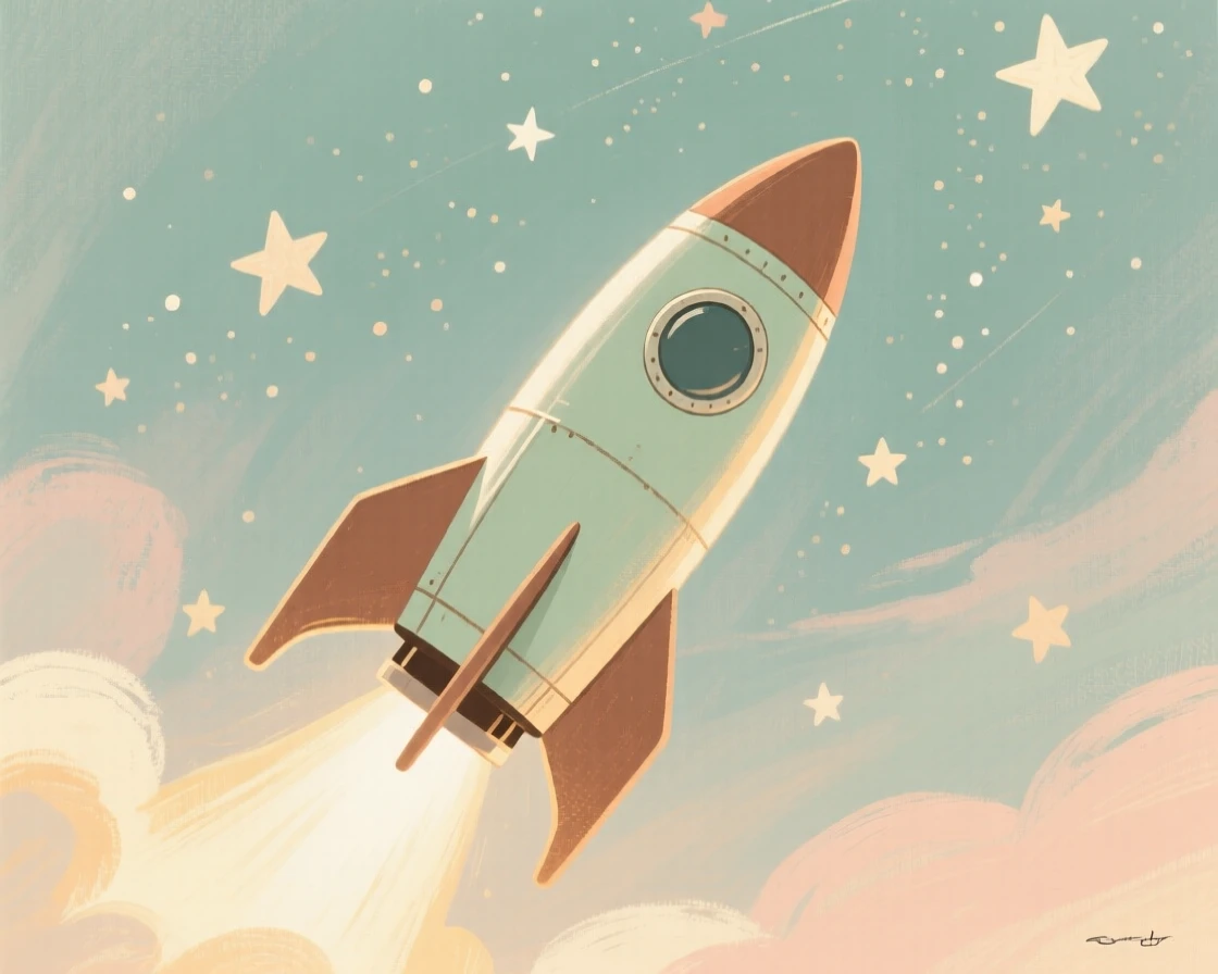 An antique-style rocket ship launching toward a starry sky
