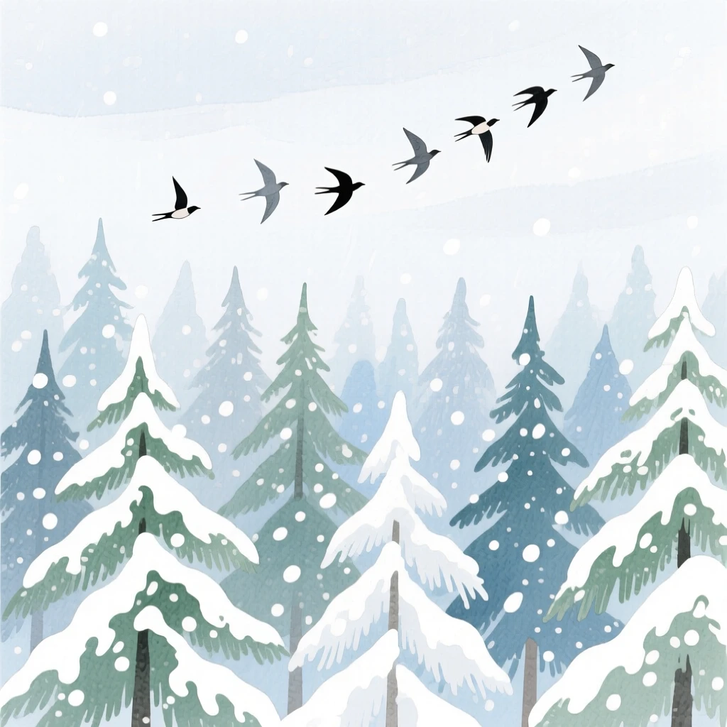 A breathtaking view of a snow-dusted pine forest during a gentle snowfall, where a flock of birds crosses the sky