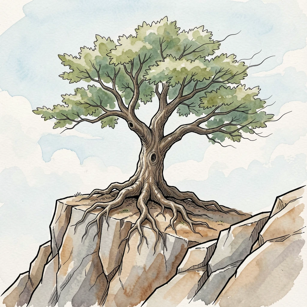 A tree standing resilient and alone atop a windswept cliff, roots gripping the rocky ground