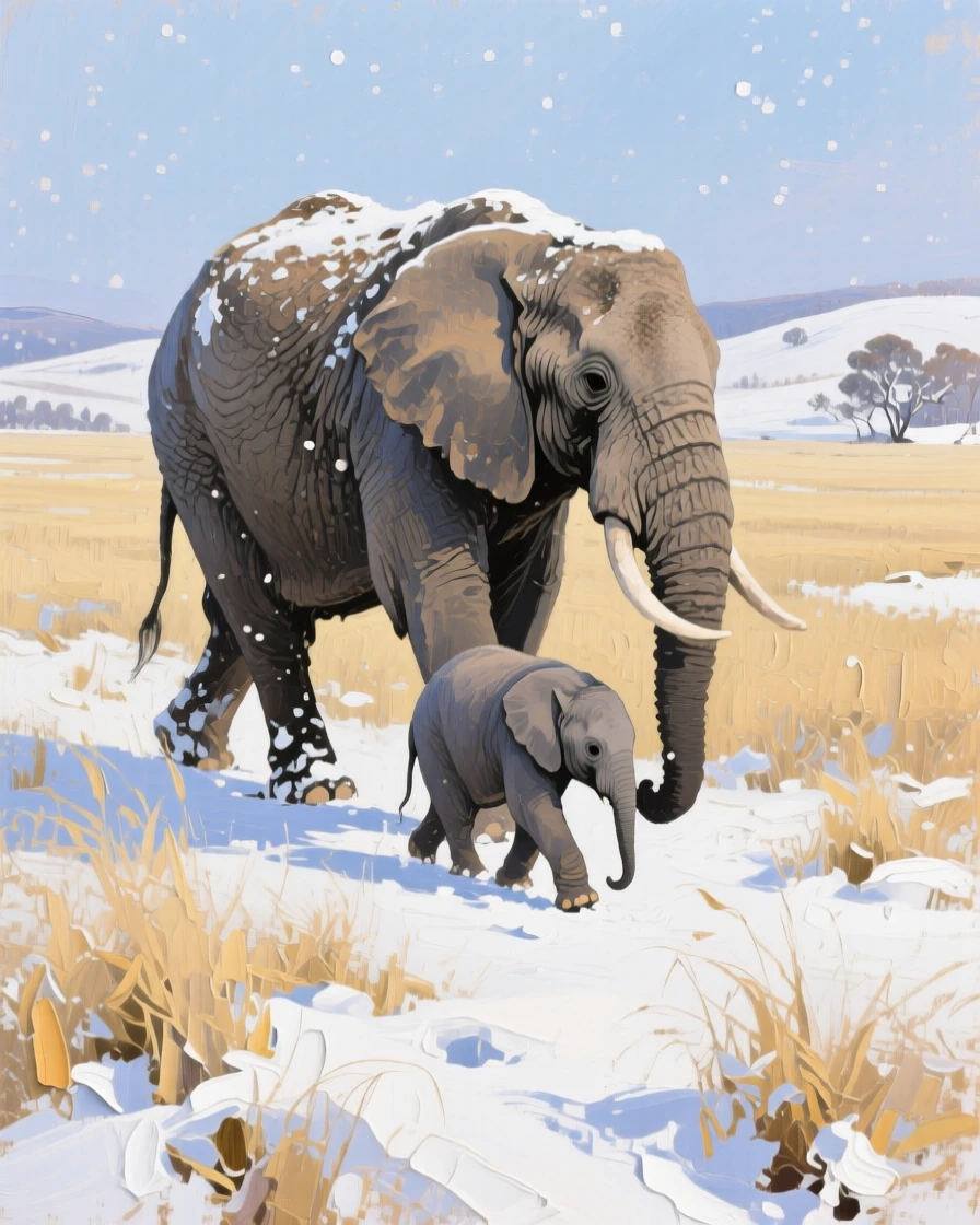 a mother elephant and calf walking across open grassland, after a gentle snowfall, with a clear foreground, subject, and distant setting.