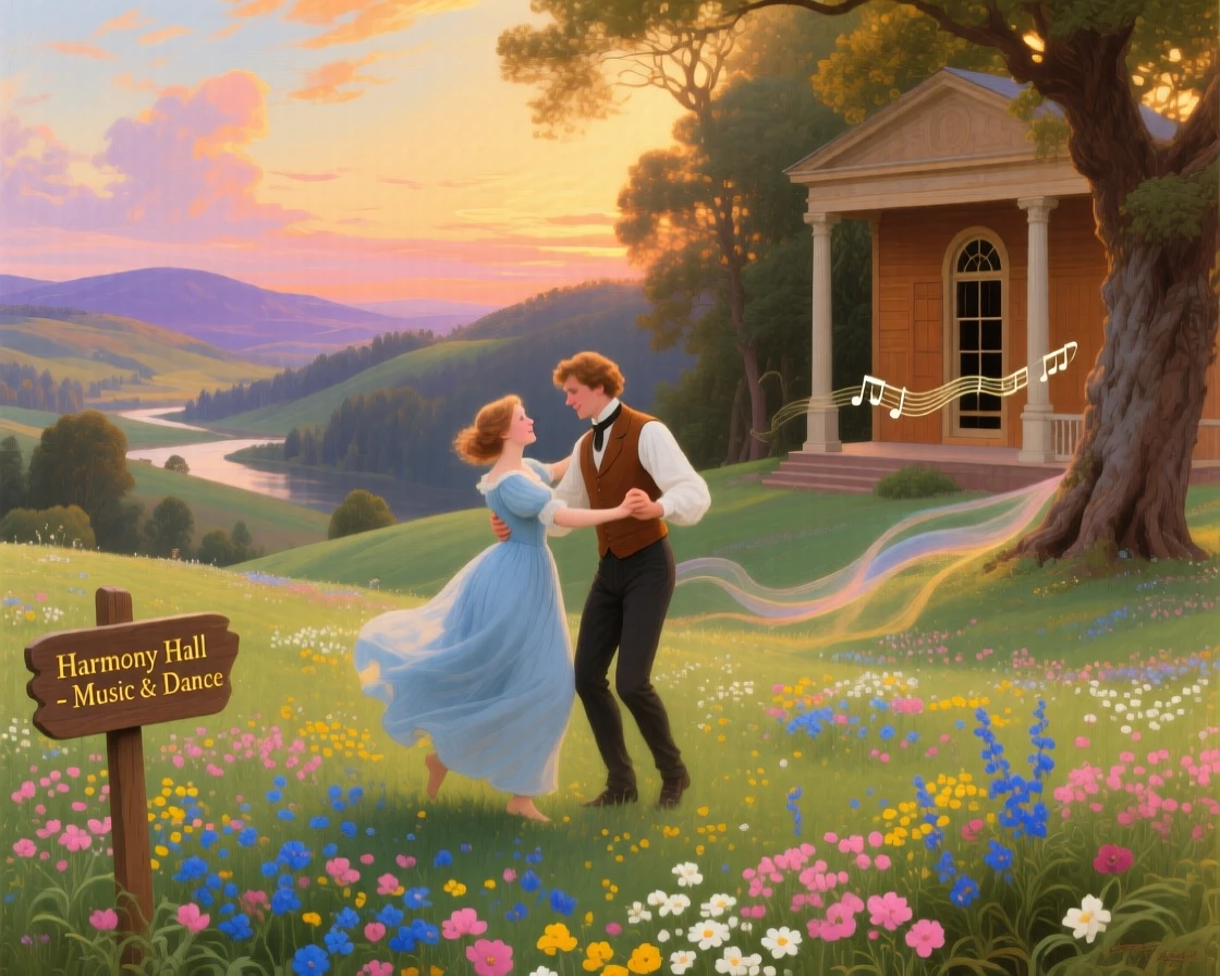 Two young lovers dance together under a flower-filled meadow while music drifts from a nearby hall.