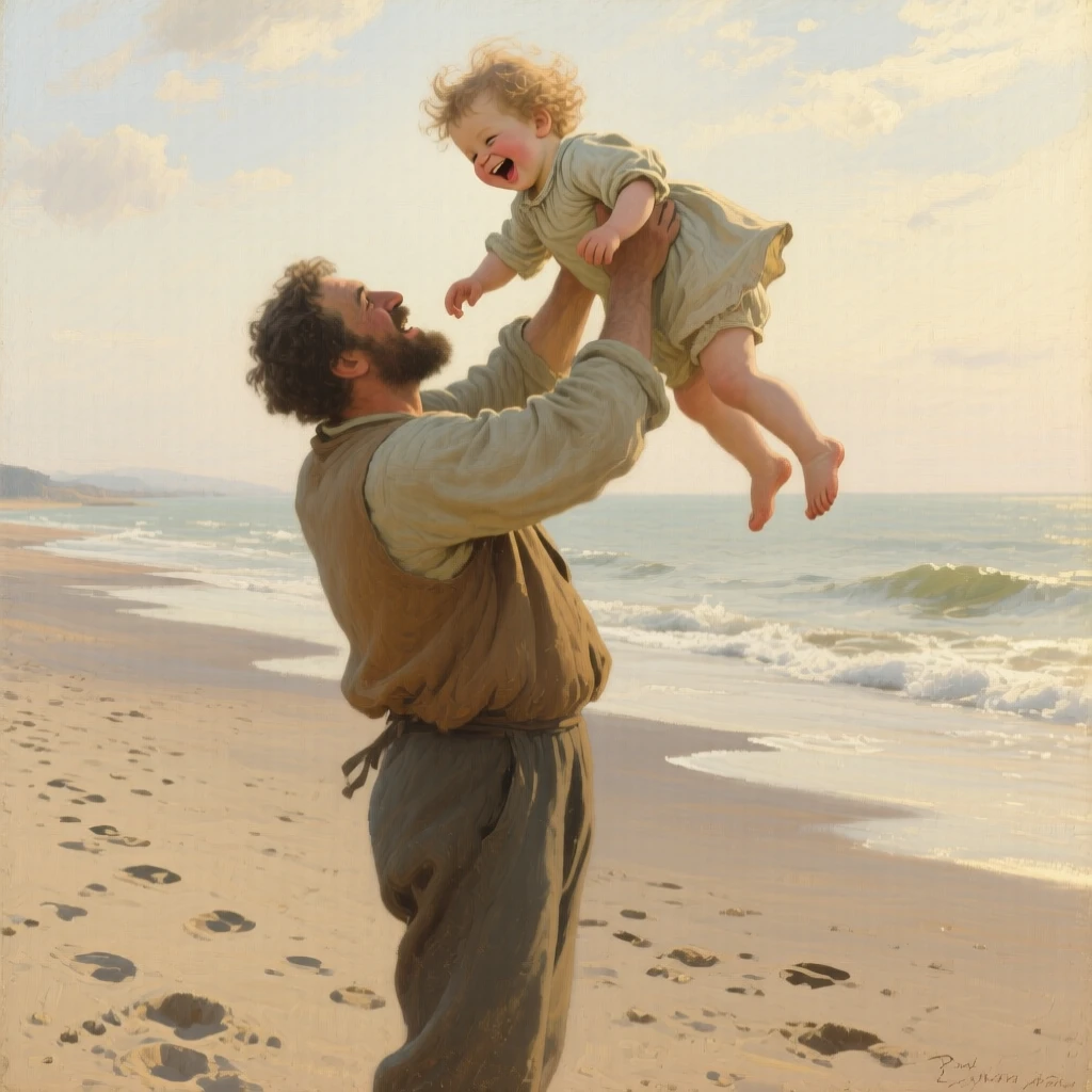 A father lifting his laughing toddler high into the air on a beach, with soft shadows adding depth and intimacy to the moment, capturing a universal, deeply human moment of emotion