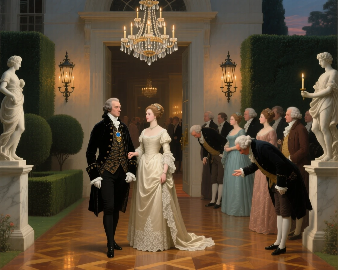 A count and countess receiving guests at a candlelit ballroom entrance amid the elegant bustle of a formal evening, set in a formal garden with clipped hedges and marble statues, with a grand chandelier casting warm light over polished parquet; converging sightlines from the guests draw attention to the central gesture, filled with quiet ceremony and inherited dignity.