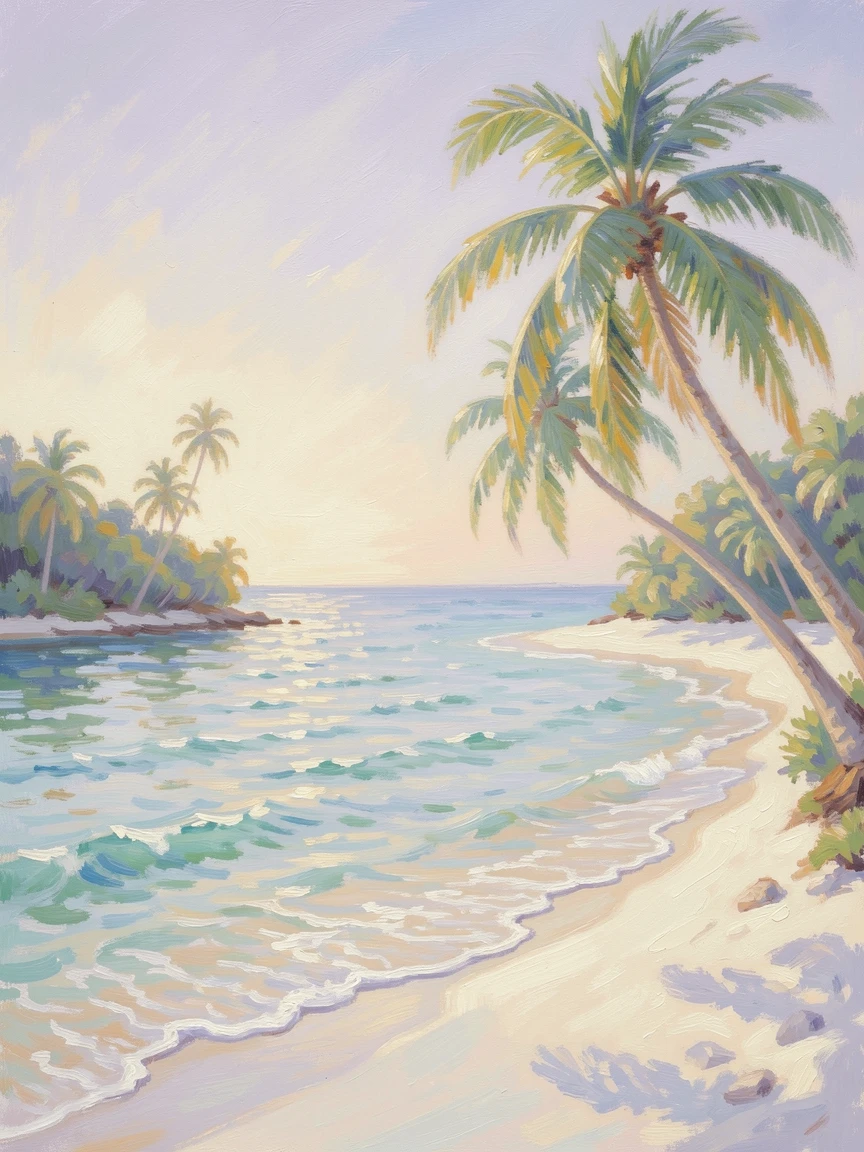 A quiet cove with turquoise water lapping against white sand, palm trees leaning gently in the breeze.