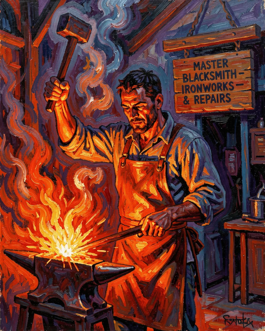A blacksmith illuminated by the orange glow of his forge, hammer raised mid-strike.