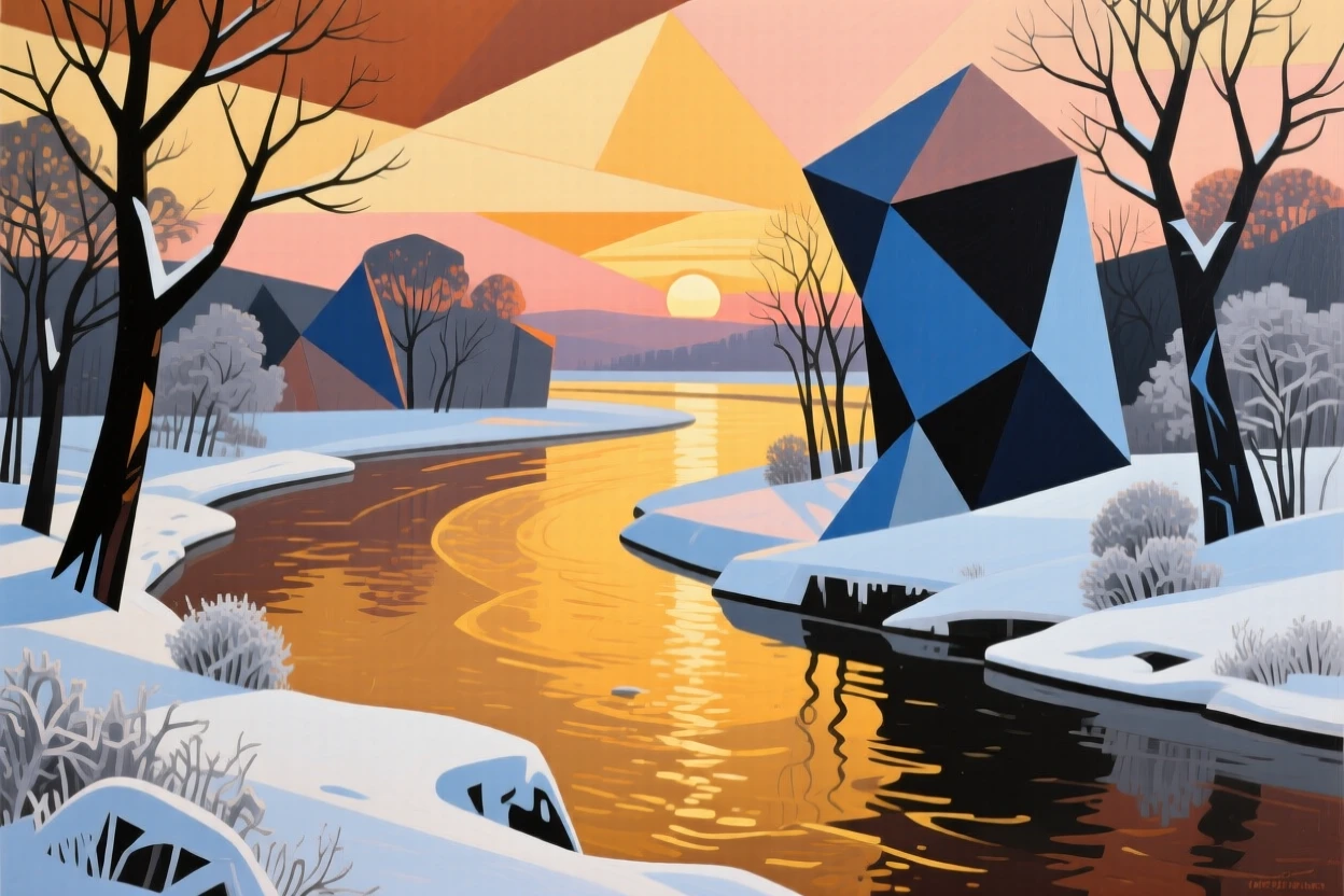 A sweeping wide view of a tranquil river bend as golden hour bathes everything in warm light, in deep winter.