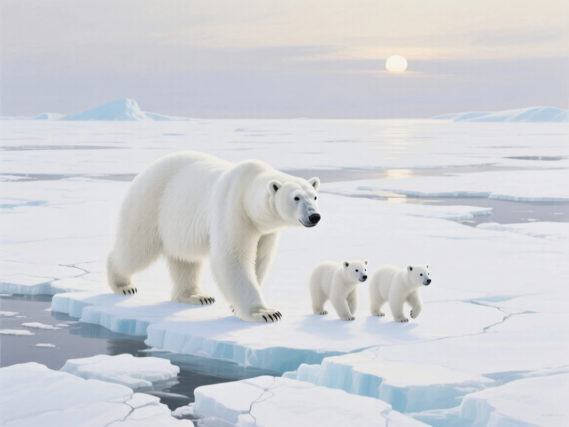 A polar bear and her two cubs walk across a vast expanse of Arctic sea ice, their white fur nearly invisible against the snow under a pale sun, the moment captured with a sense of calm intimacy despite the wild setting.