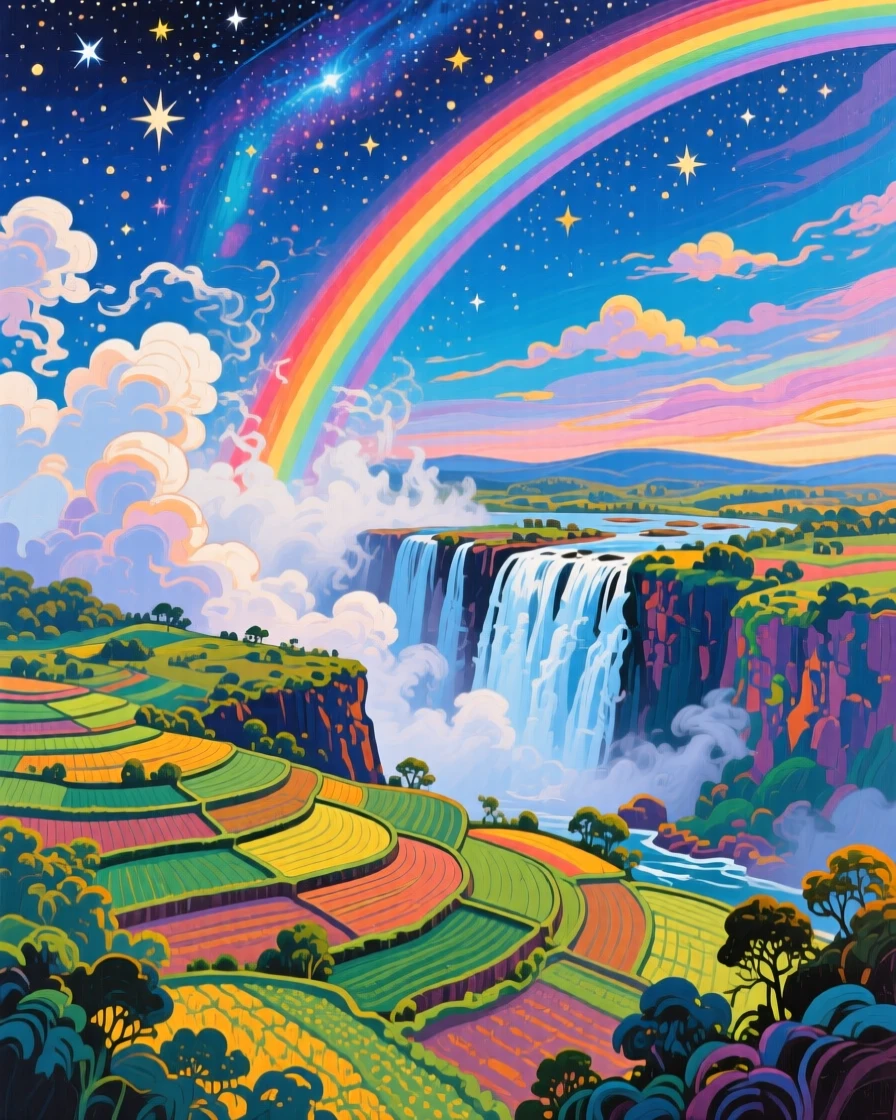 Victoria Falls sending clouds of mist into a rainbow-streaked sky, under a blanket of stars, terraced fields spreading out below