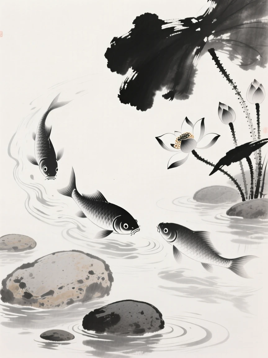 Silver fish dart through clear water above smooth river stones, with lotus blossoms floating nearby.