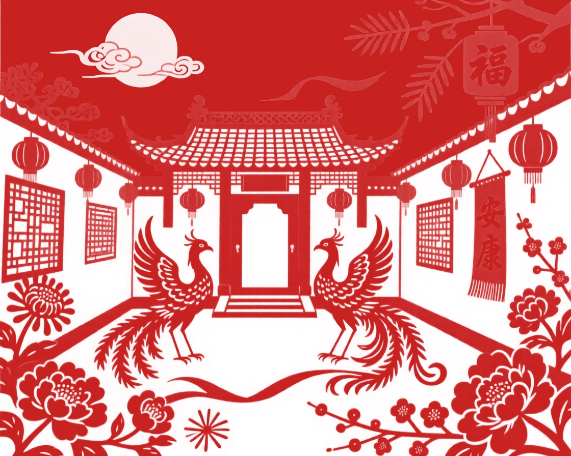 A scene of a temple courtyard at festival time, where red and gold decorations shimmer in the evening light, with a full moon rising behind paper-cut silhouettes.