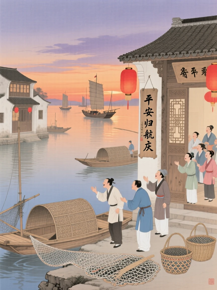 A fisherman's village celebrating the safe return of the fleet at dusk