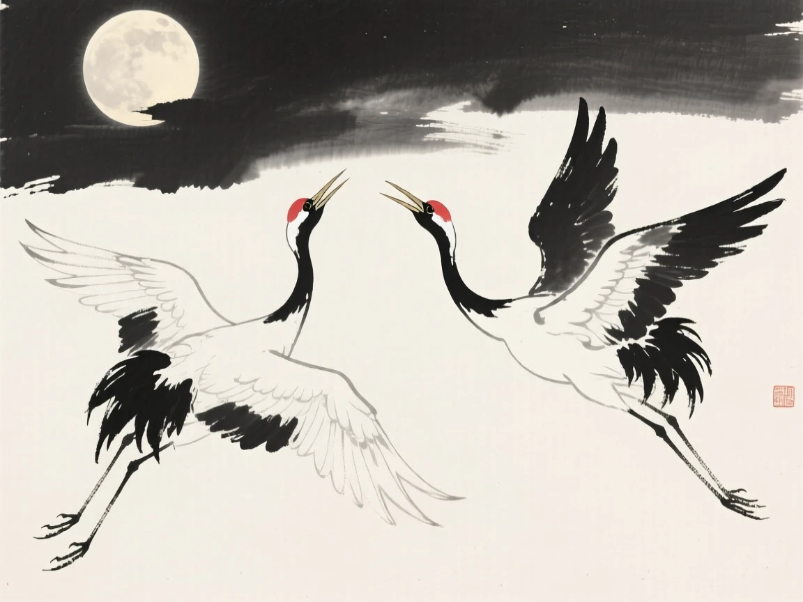 A pair of cranes calling to each other beneath a rising moon, captured mid-motion with wings outstretched, capturing a fleeting moment of natural beauty.