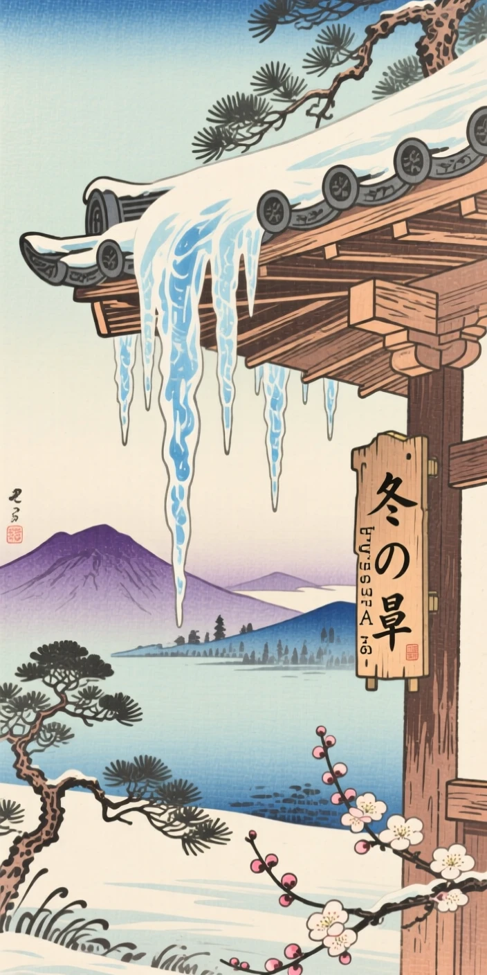 Icicles hanging from a wooden eave with distant mountains fading into haze.