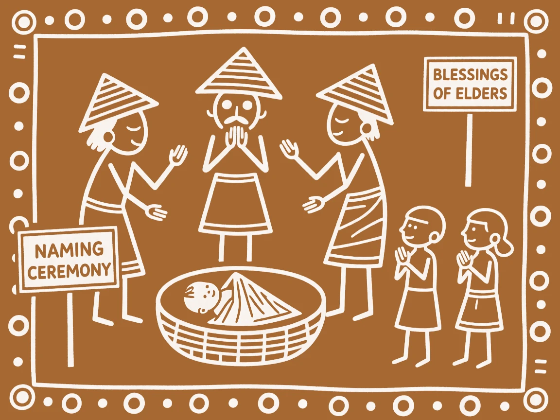 A naming ceremony for a newborn celebrated as elders bless the youngest members of the family.