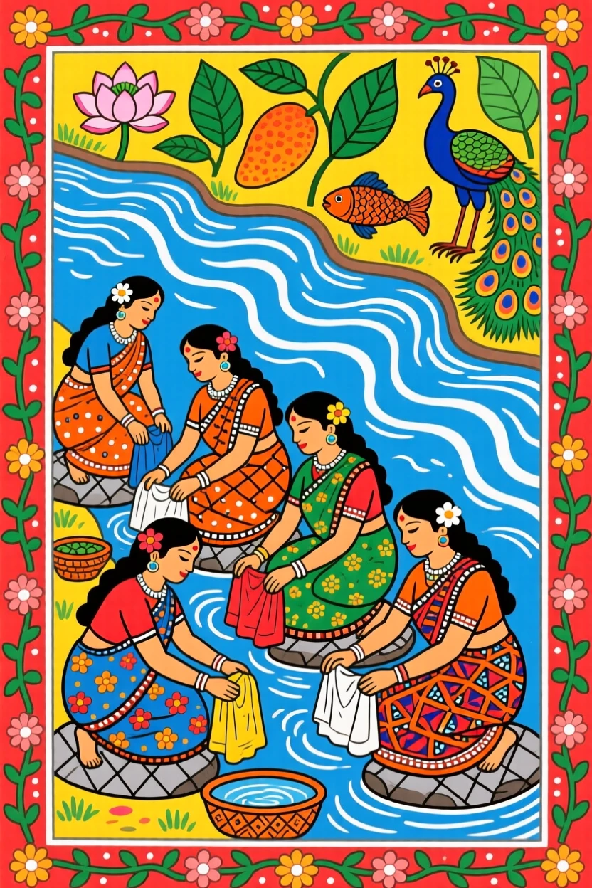 Women washing clothes together on flat stones beside a flowing river.