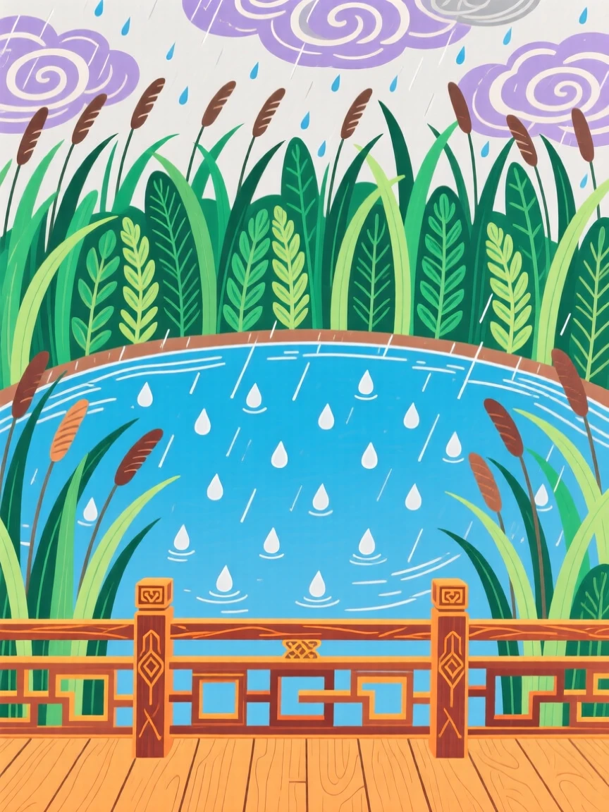 A quiet pond ringed with reeds seen from a quiet overlook, during a light drizzle.