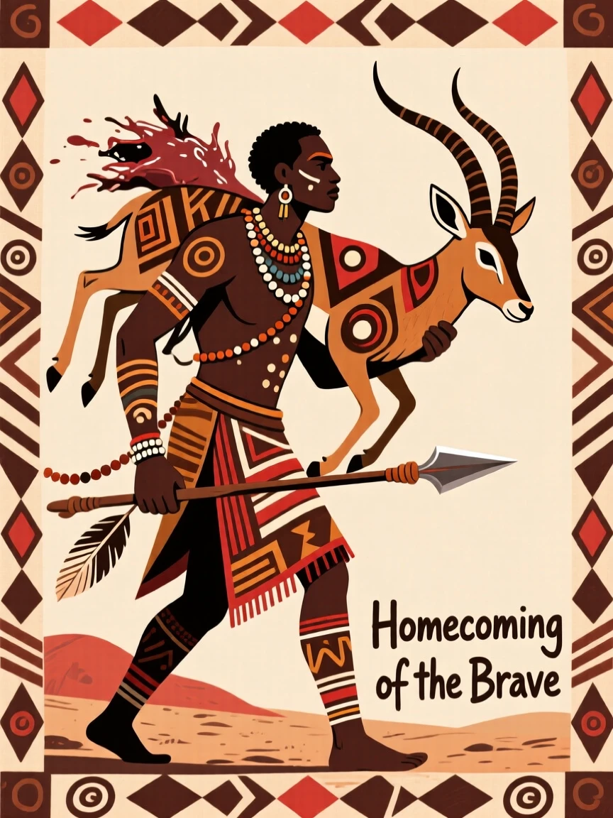 A hunter returning home with a freshly caught antelope.