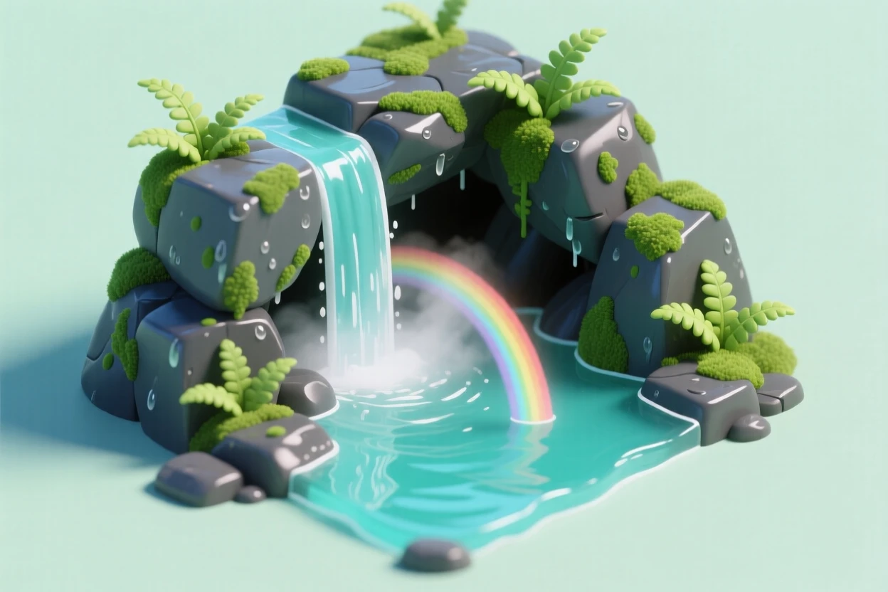 A hidden waterfall grotto with ferns clinging to wet rock, a rainbow forming in the mist, and turquoise water pooling below.