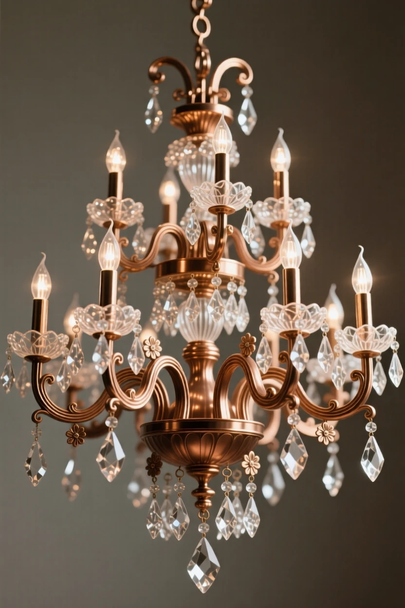 An elegant crystal chandelier catching scattered light, capturing a sense of timeless luxury, radiating elegance and refinement