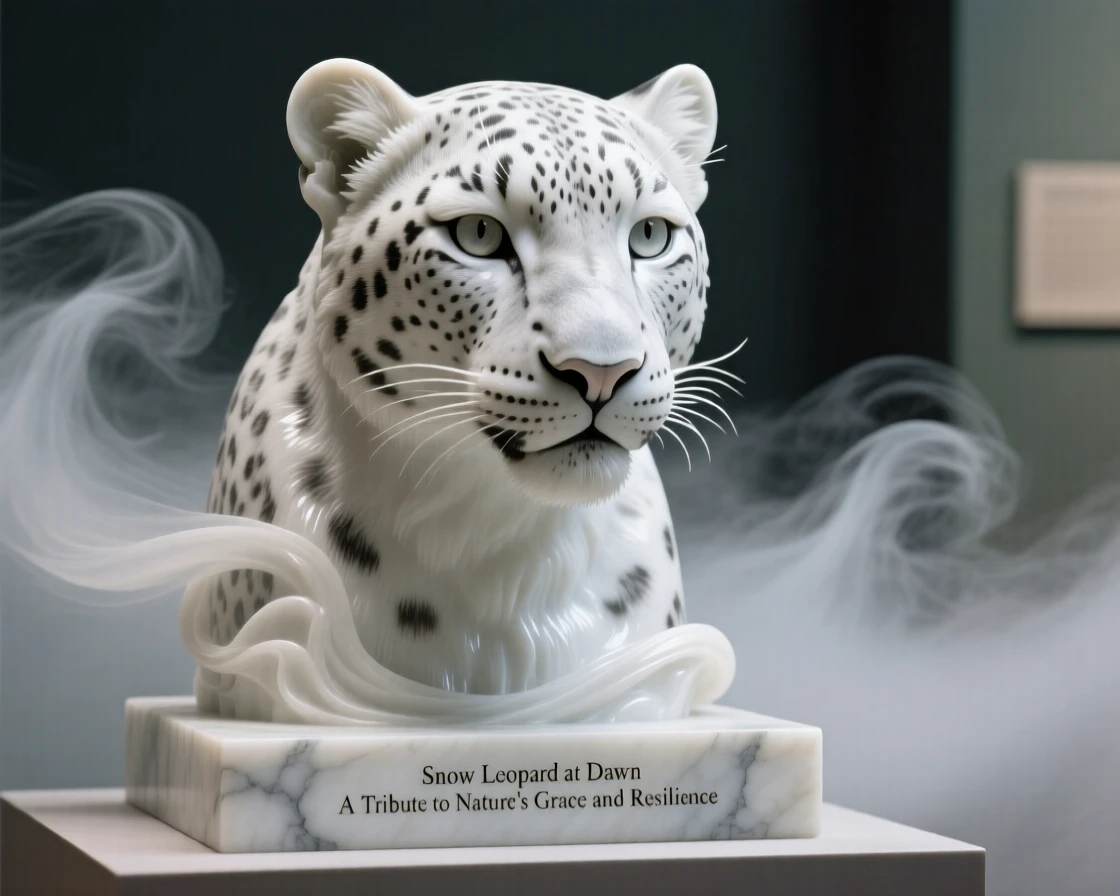 A striking close-up of a snow leopard, full of life and grace, amid drifting mist at dawn