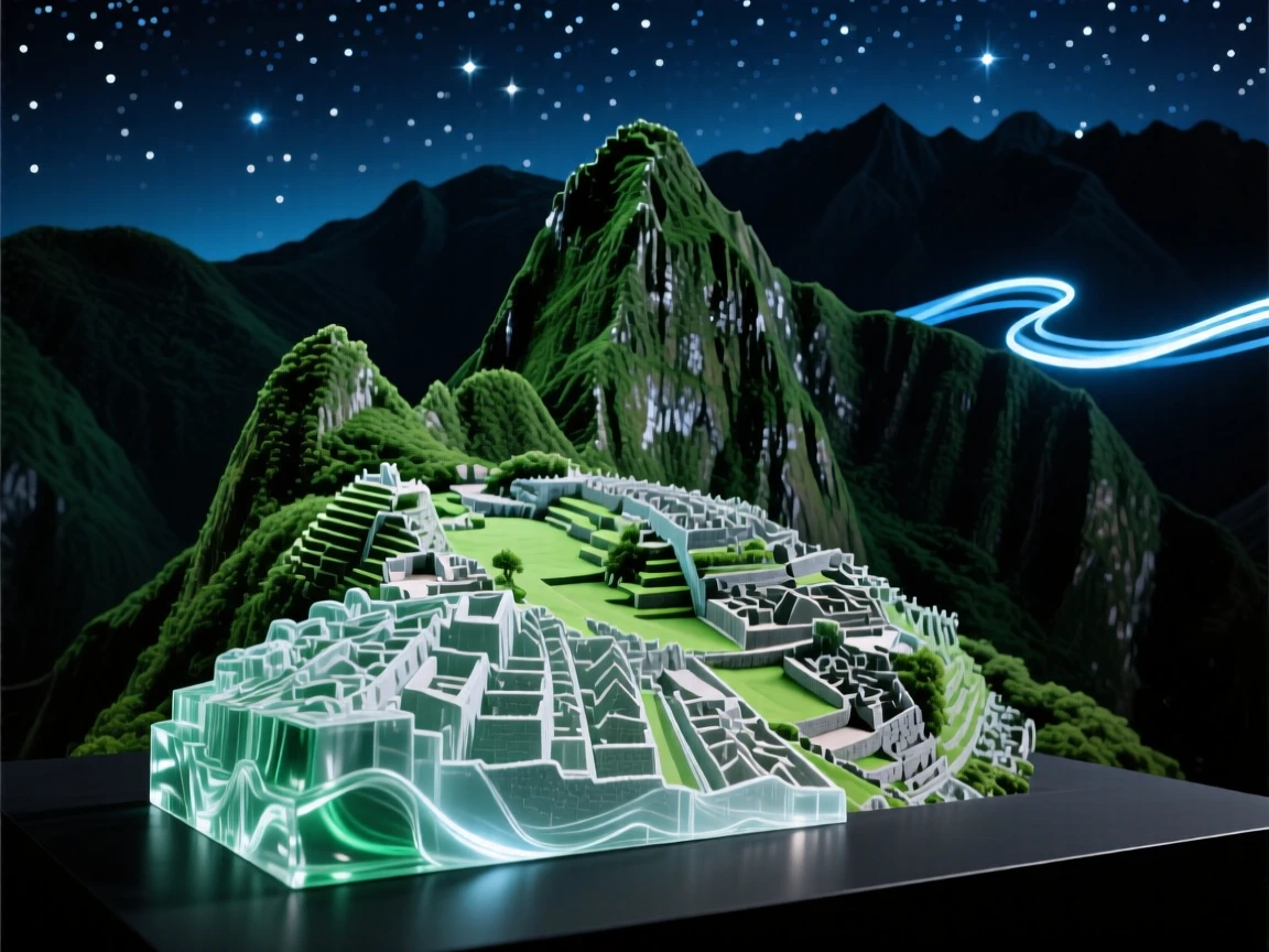 Machu Picchu perched among green peaks under a starry night sky, long soft light trails in the distance, composition emphasizing scale and grandeur.