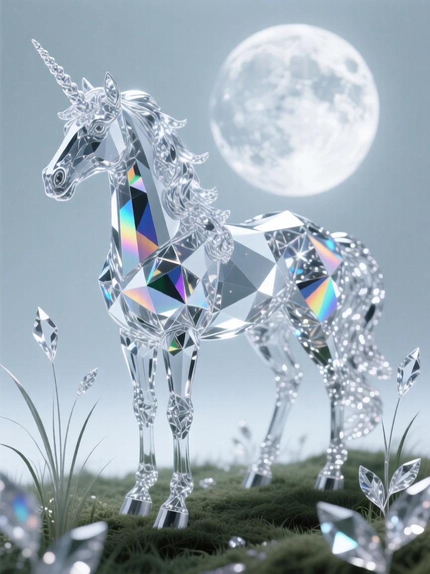 A unicorn standing in an enchanted moonlit glade, mane glowing faintly silver.