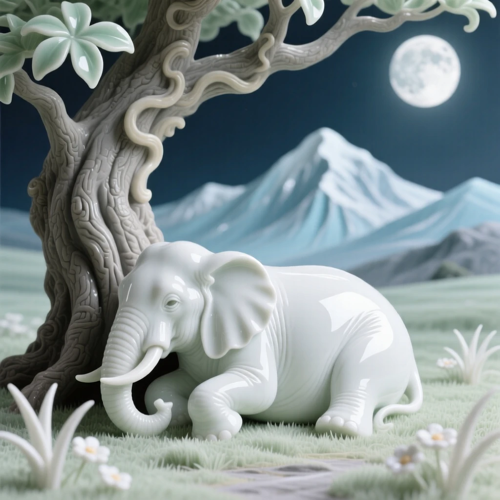 A proud elephant resting beneath a great old tree in a moonlit meadow, framed by distant snow-capped peaks.