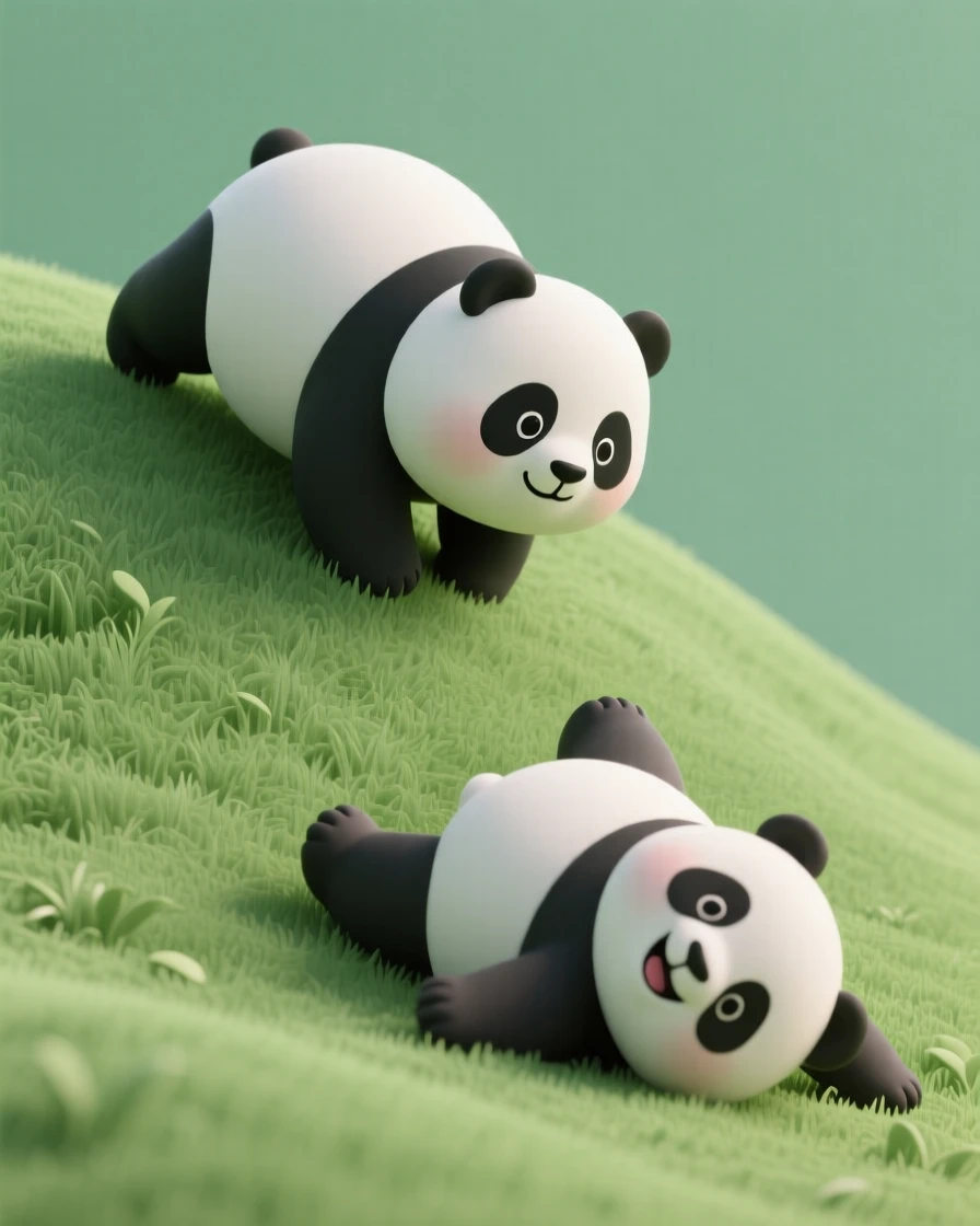 A chubby baby panda tumbles down a grassy hill, rolling over and over before landing in a happy heap.