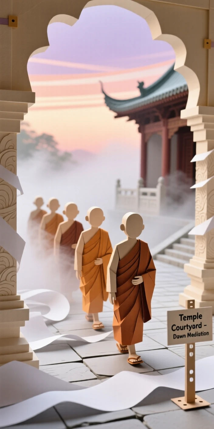 A group of monks in saffron robes walking in quiet procession through a misty temple courtyard at dawn, evoking spiritual serenity.