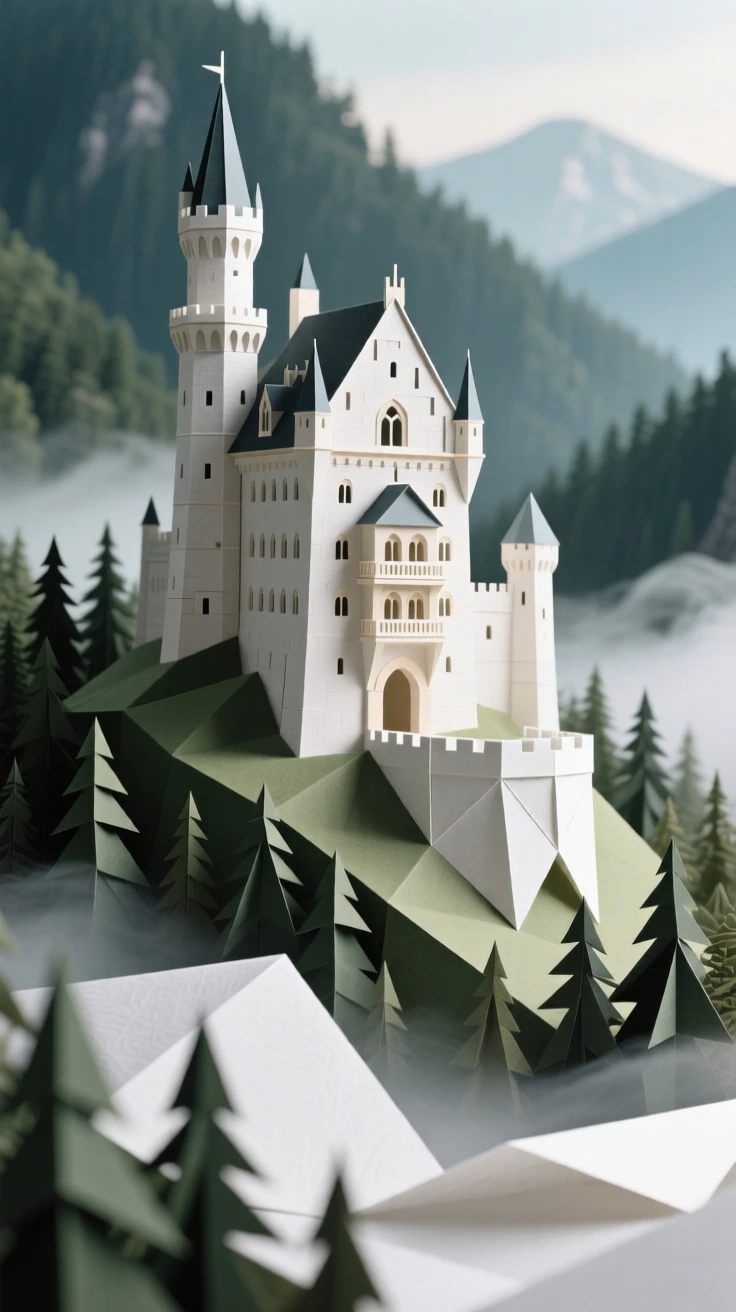 Neuschwanstein Castle perched on a forested hillside, mist curling through the valley below.